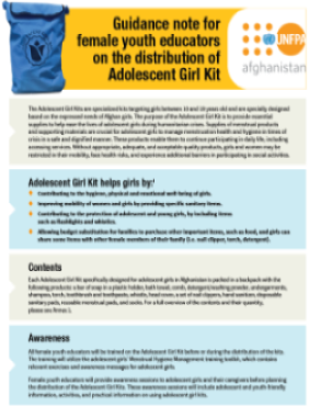 Guidance note for female youth educators on the distribution of Adolescent Girl Kit