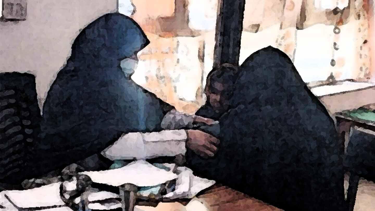 An illustration of a midwife taking the blood pressure of a female patient with a child watching. Both women wearing hijab.