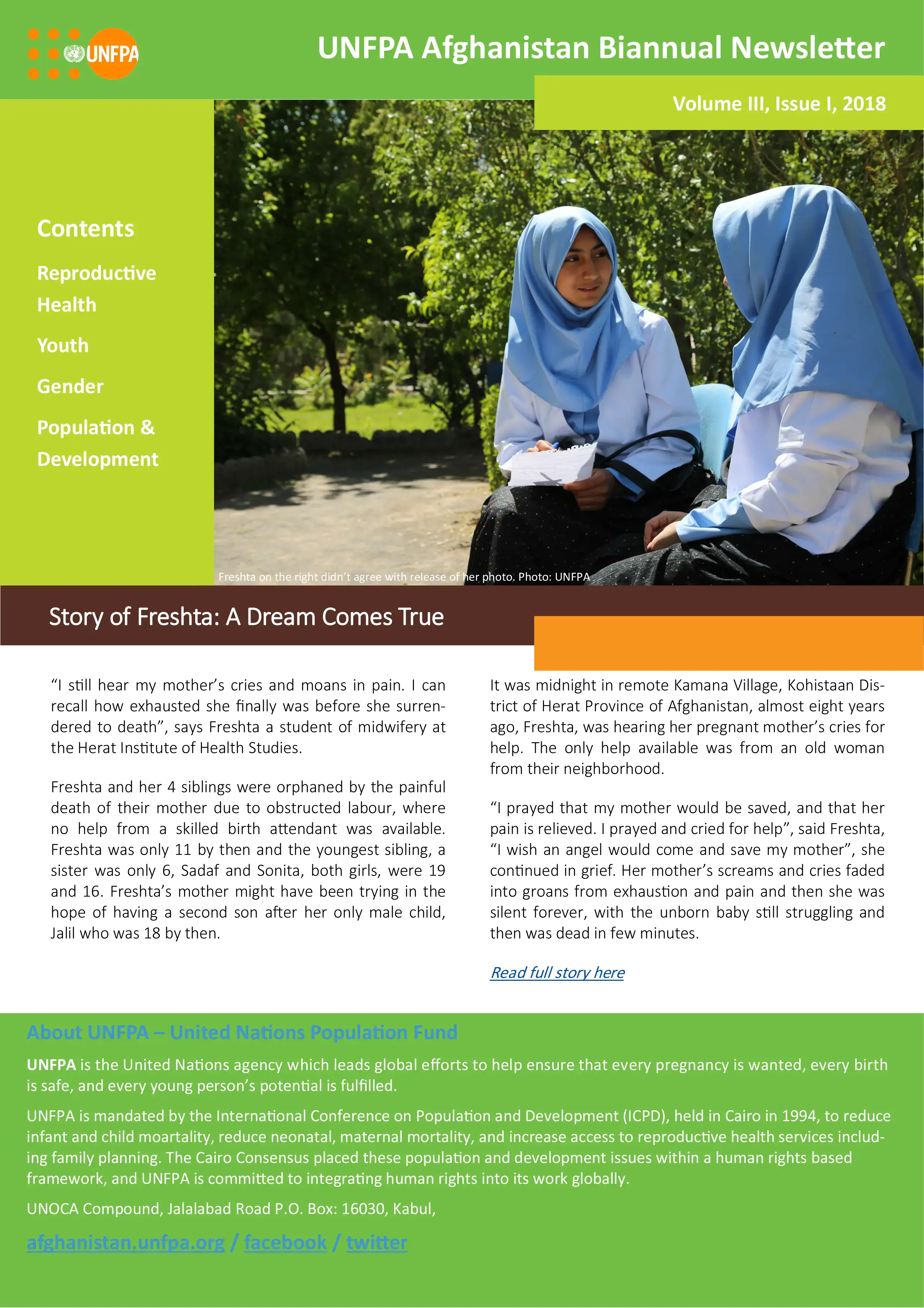 UNFPA Afghanistan Biannual Newsletter, Vol III, Is I 2018